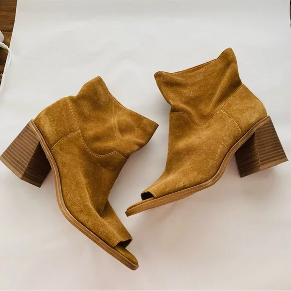 Lucky Brand Ryemi Brown Soft Suede Slip On Open Toe Heel Booties Size 9 - Picture 2 of 8